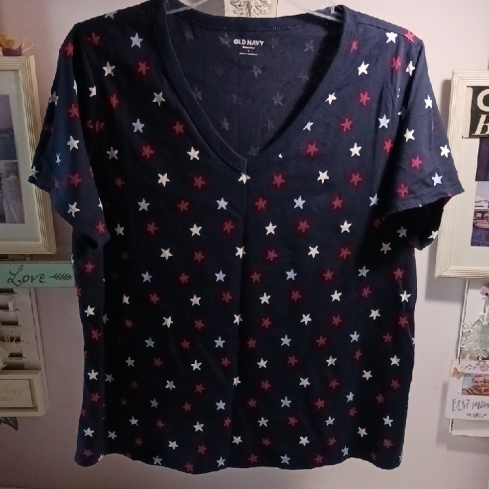 Old Navy Women's Star Print V-Neck Top - Blue, Red, White  L 🇺🇲🧨🎆